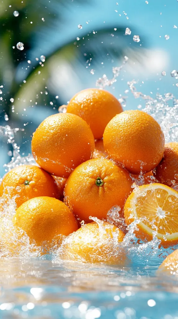 A vibrant pile of juicy oranges splashes into a pool of clear water.  Water droplets are suspended in the air, creating a refreshing summer scene. The oranges are bright and glistening, set against a backdrop of blurred palm trees and a sunny sky.  The overall image evokes feelings of refreshment and tropical bliss.