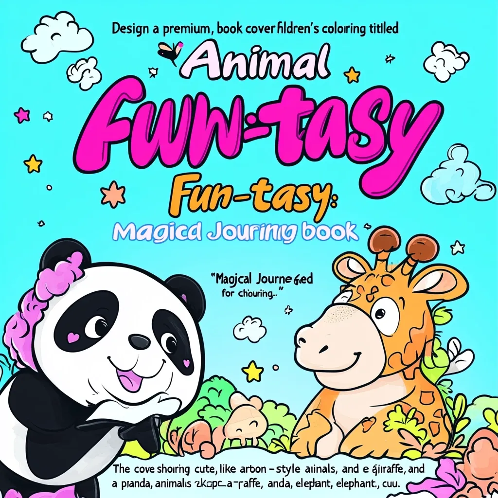 This is a colorful book cover design for a children's coloring book titled "Animal Fun-tasy: Magical Journeying Book."  The cover features cute cartoon animals, including a panda and a giraffe, surrounded by whimsical elements like stars and clouds.  The text emphasizes the book's magical journey theme and promises adorable, cartoonish animal illustrations to color.