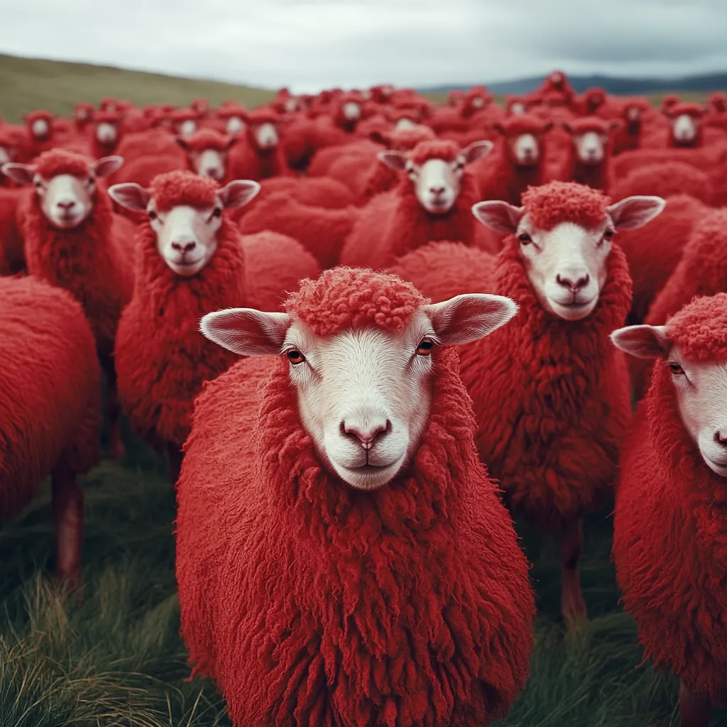 A large flock of sheep, dyed a vibrant red, stands in a grassy field.  One sheep is in the foreground, its white face contrasting with its bright red wool. The image creates a striking visual effect, highlighting the uniformity of the flock despite the unusual color. The overall mood is surreal and slightly unsettling.