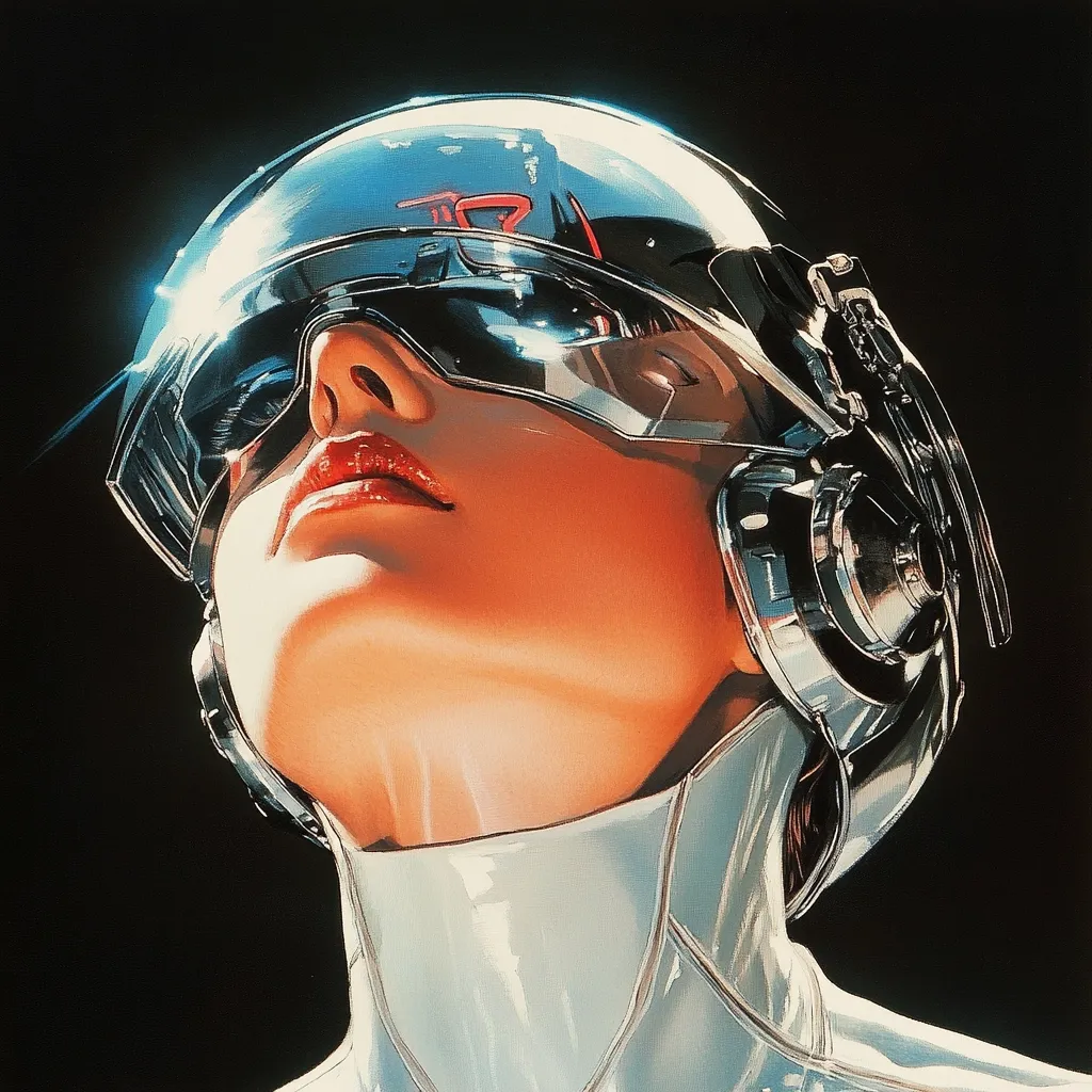 A stylized portrait of a woman wearing a futuristic helmet and headphones. The helmet is sleek and chrome, with a visor that covers her eyes. Her skin is smooth and glowing, with a warm, almost ethereal quality. Her lips are painted a vibrant red, and her expression is serene and slightly mysterious. The overall style is reminiscent of science fiction art from the 1980s. The dark background emphasizes the gleaming chrome of the helmet and the woman's radiant skin.