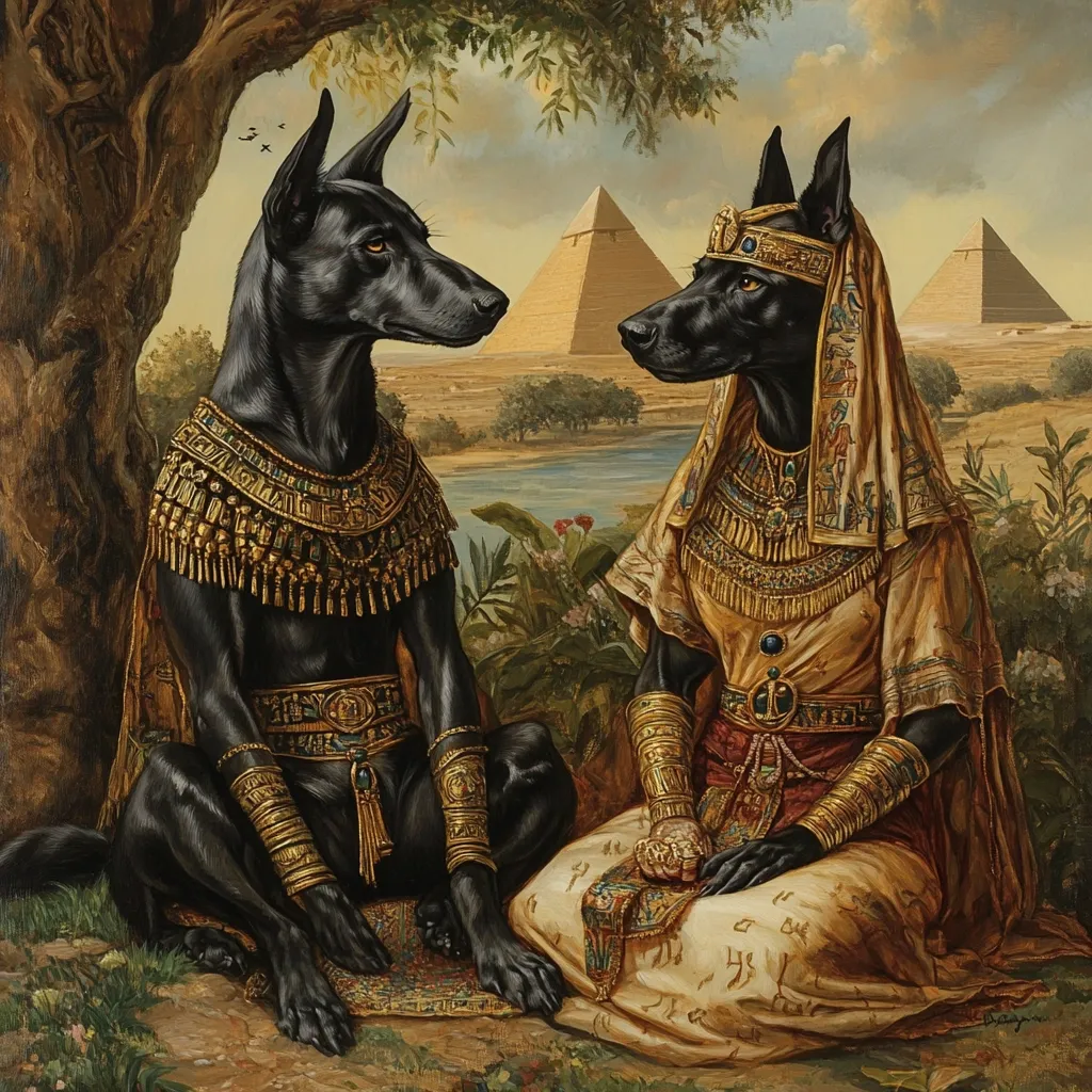 A painting depicts two Anubis-like figures, richly adorned in gold jewelry and elaborate clothing, seated before a backdrop of Egyptian pyramids. The figures, with black fur and human-like features, appear regal and serene.  Their attire is intricately detailed, showcasing ancient Egyptian motifs. The scene suggests a narrative of power and mystery, evoking the ancient Egyptian civilization.