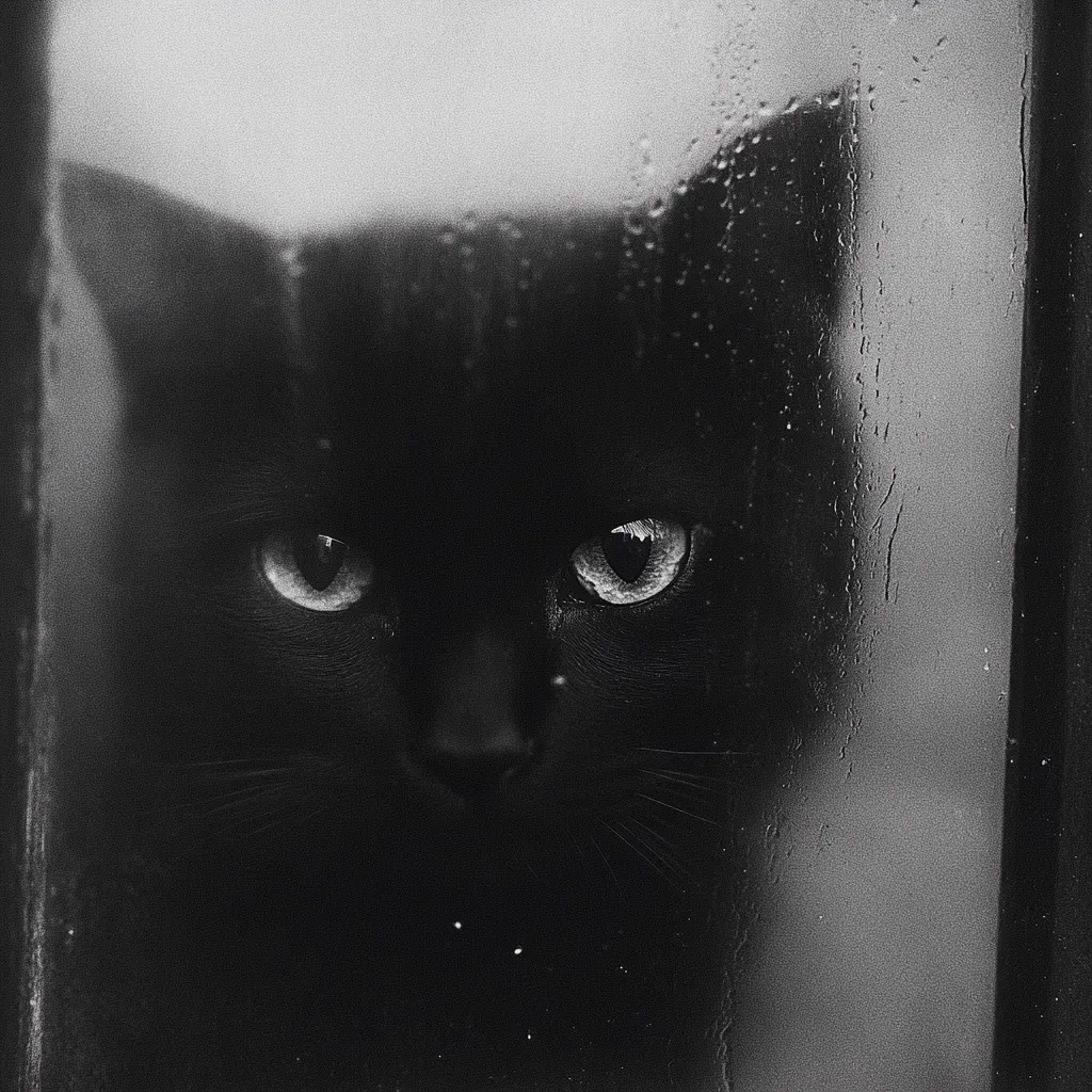 A black cat's intense gaze is captured through a rain-streaked windowpane.  The monochromatic image focuses on the cat's piercing eyes, partially obscured by water droplets.  The dark fur blends with the shadows, creating a mysterious and captivating portrait.  The overall mood is one of quiet intensity and intrigue.