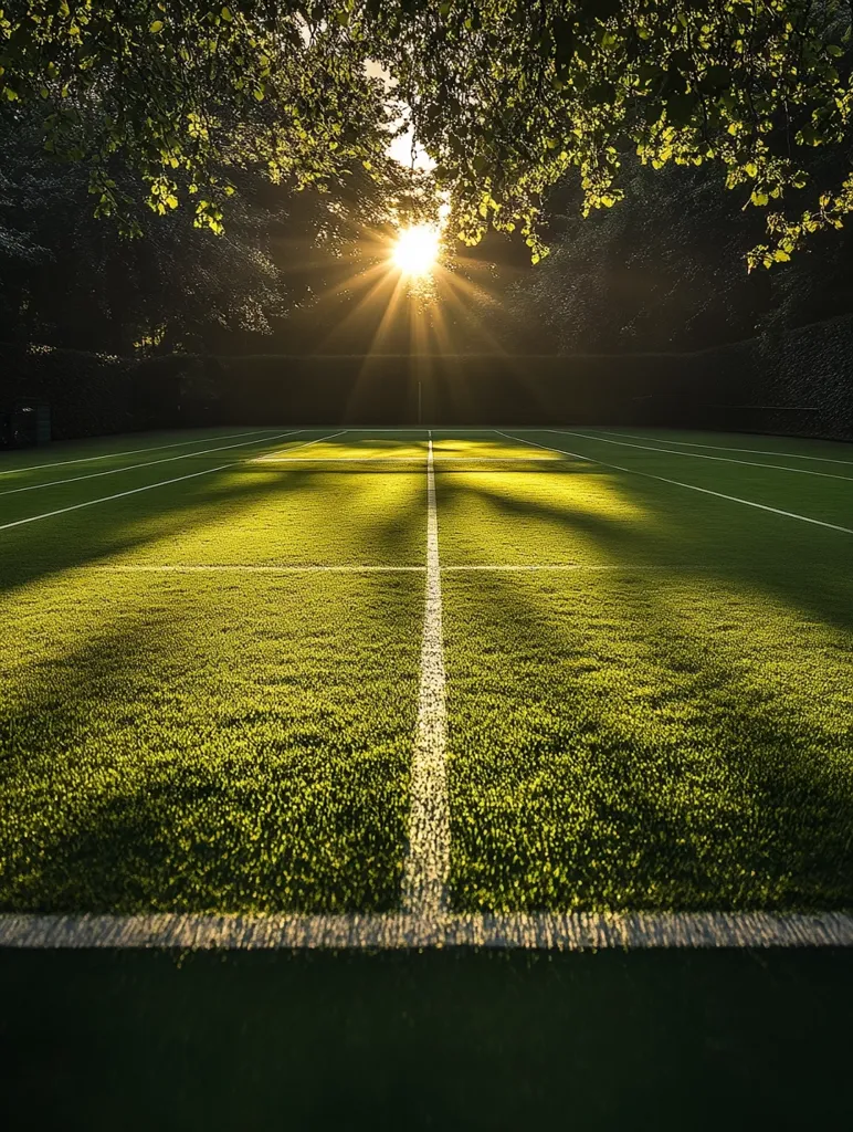 A sun-drenched tennis court basks in the golden light of the setting sun.  Lush green artificial turf is sharply defined by the white center line, while the surrounding trees cast long shadows. The scene is peaceful and serene, capturing the tranquil beauty of an outdoor sporting space at dawn or dusk. The sun's rays break through the leaves, creating a dramatic and picturesque setting.