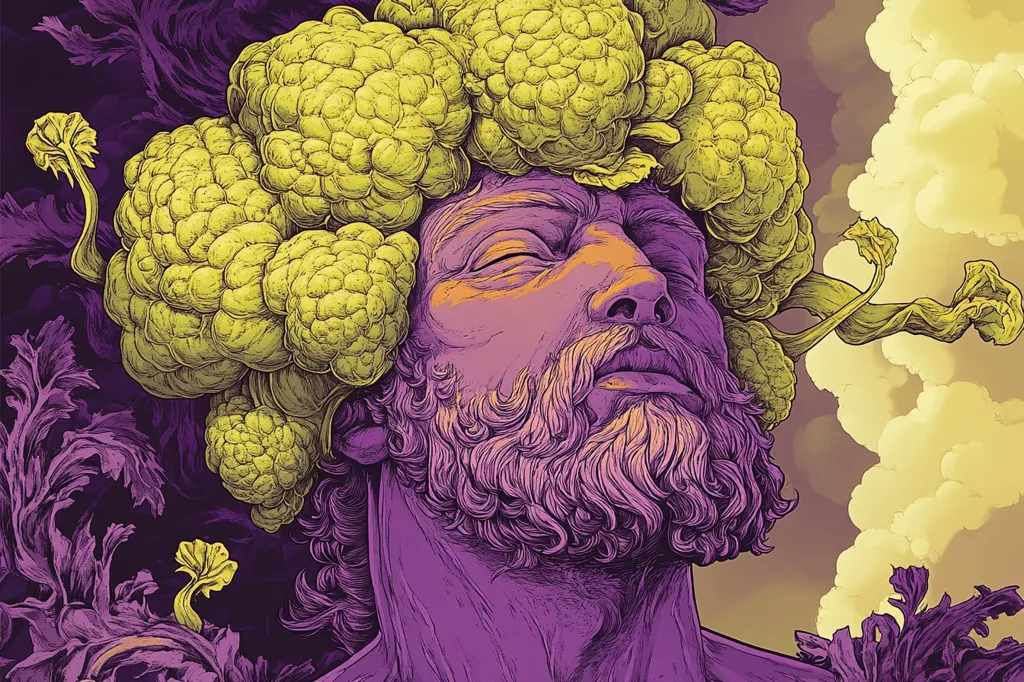 A stylized illustration depicts a bearded man with a crown of cauliflower-like forms.  His face is serene, eyes closed, and his purple skin contrasts with the yellow-green of the vegetal crown. The background features swirling clouds and dark purple foliage, creating a surreal and dreamlike atmosphere.  The intricate linework emphasizes texture and detail throughout the image.