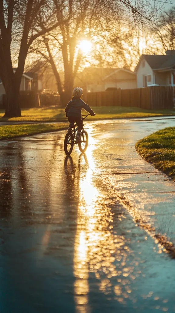 A child, wearing a helmet, cycles down a wet residential street at sunset.  The setting sun glistens on the wet pavement, creating a shimmering reflection. The child's silhouette is visible against the bright background, creating a peaceful and idyllic scene.  Trees line the street, and houses are visible in the distance.