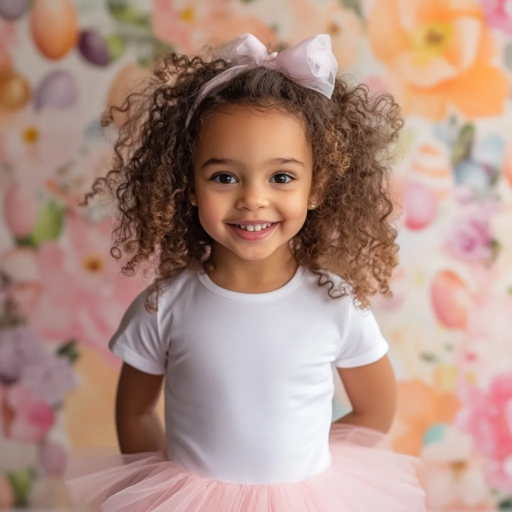 A young girl with curly brown hair smiles brightly.  She's wearing a white short-sleeved shirt and a pale pink tulle tutu. A light pink bow adorns her head.  The backdrop is a soft, floral print in pastel shades of pink, orange, and purple.  Her joyful expression and pretty outfit create a charming portrait.