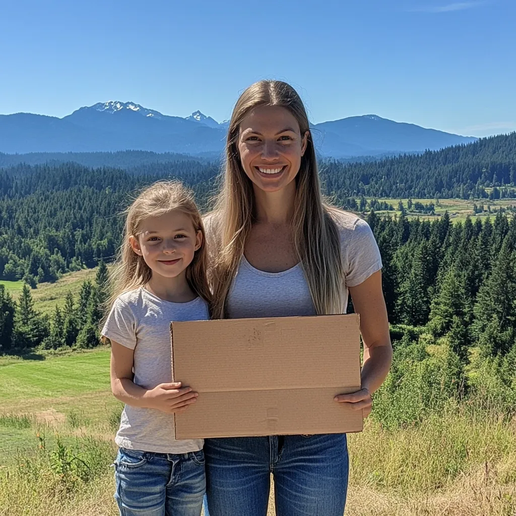 A woman and a young girl stand outdoors holding a blank cardboard sign.  They are smiling at the camera.  Behind them is a stunning vista of rolling green hills, dense evergreen forests, and snow-capped mountains under a clear blue sky.  The scene is idyllic and peaceful.