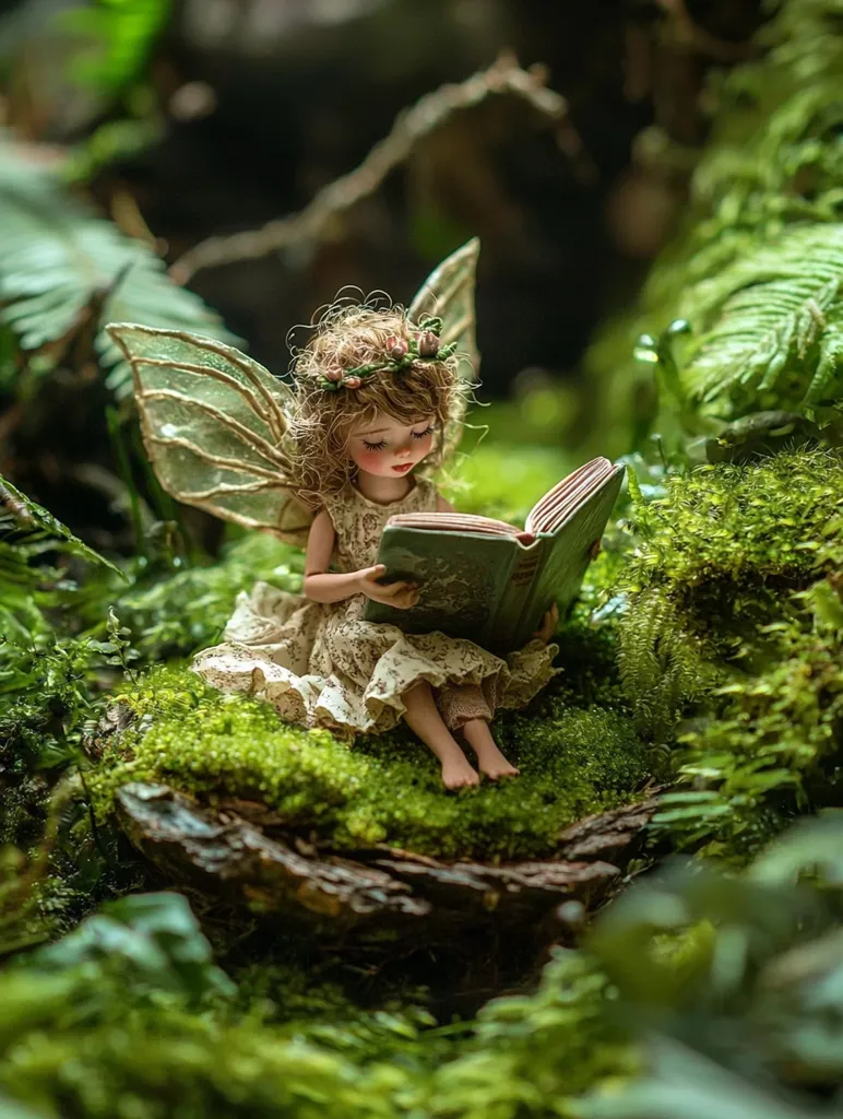 A miniature fairy, adorned with delicate, translucent wings and a floral crown, sits peacefully on a moss-covered log.  She is engrossed in reading a book, her pose serene and captivating.  The lush green surroundings create a magical, enchanting scene reminiscent of a fairytale forest.  The image is rich with detail, showcasing the artistry of the miniature fairy and her idyllic setting.