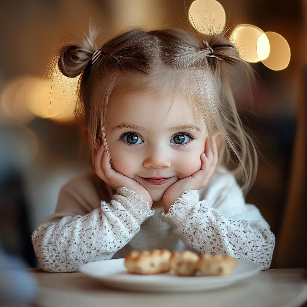 A charming toddler girl with her hair styled in two topknots rests her chin on her hands, gazing directly at the camera.  She's wearing a cream-colored sweater with a subtle pattern.  A small plate with pastries sits in front of her on a table, adding a touch of sweetness to the scene. The background is softly blurred, highlighting the child's captivating expression.