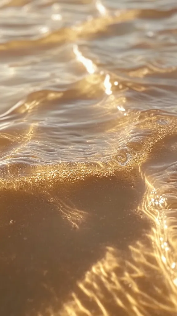 Close-up view of gently rippling water, illuminated by sunlight. The water appears calm, with subtle waves creating a textured surface.  The light reflects off the water's surface, creating a shimmering, golden effect.  The overall tone is warm and tranquil, evoking a sense of peace and serenity.