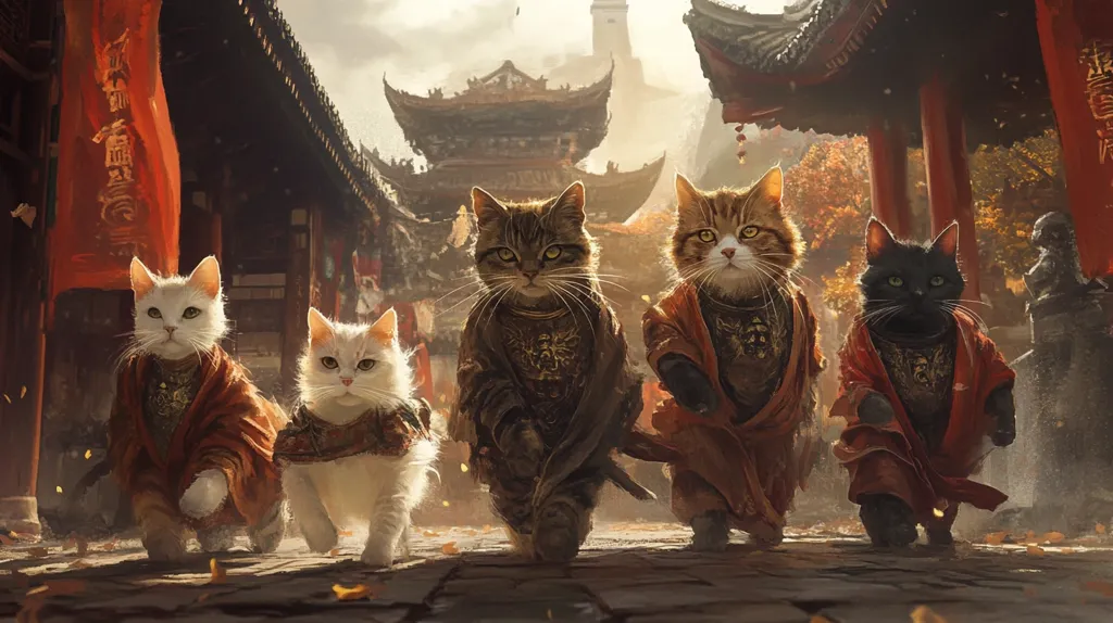 Five cats, dressed in ornate, red and gold samurai-style armor and robes, walk down a cobblestone street in an ancient Chinese city.  The cats are of varying colors and breeds, and the scene is richly detailed, showcasing traditional Asian architecture and autumnal foliage.  The overall impression is one of regal feline warriors on a mission.