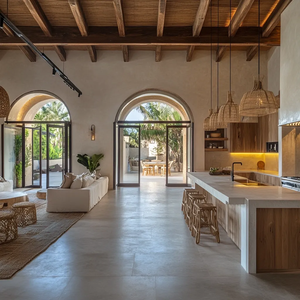 A spacious, open-plan living area features a light beige palette, accented by natural wood and woven textures.  Large arched doorways open to a tranquil outdoor patio with lush greenery.  A modern kitchen with a light-colored island and rattan bar stools is seamlessly integrated into the design. The high ceilings with exposed wooden beams add warmth and character to the overall aesthetic.  The neutral tones create a calm and inviting atmosphere.