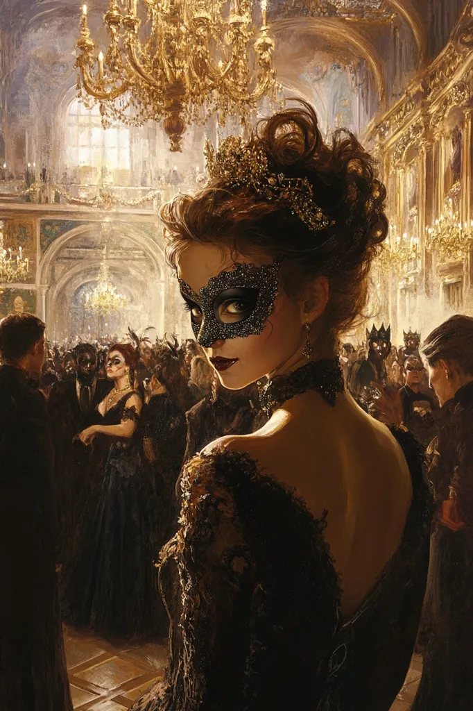 A woman in a black lace gown and a black masquerade mask stands at a grand ball.  Her back is to the viewer, showcasing a regal hairstyle adorned with a jeweled tiara.  The opulent ballroom is filled with elegantly dressed guests, chandeliers illuminating the scene.  The atmosphere is one of mystery and sophistication, reflecting a lavish, historical setting.