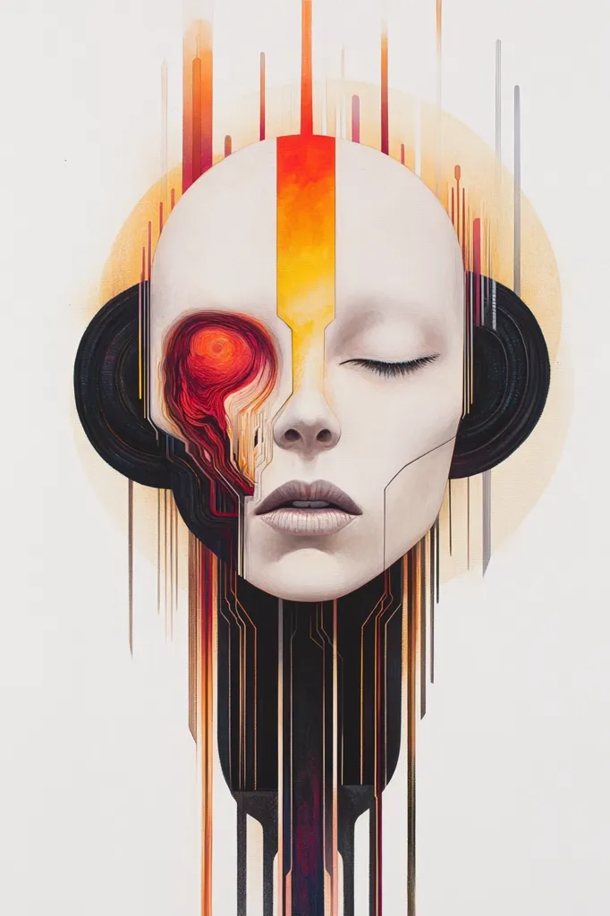 A stylized portrait of a woman's face, half of which is replaced by a fiery, skull-like structure.  Vertical lines of color, resembling circuit boards or data streams, cascade down from her head, creating a surreal and technological aesthetic. The overall effect blends organic and inorganic elements, suggesting a merging of humanity and technology.  The woman's serene expression contrasts with the intense imagery of her partially exposed skull.