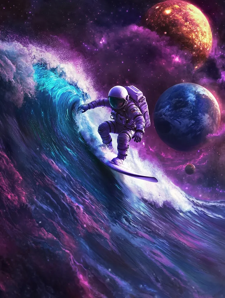 An astronaut surfs a massive, cosmic wave in a vibrant nebula.  The wave glows with turquoise and purple hues, contrasting against the dark space backdrop. Planets, including an Earth-like one and a fiery red planet, are visible in the background, adding to the surreal and awe-inspiring scene. The astronaut appears calm and skilled, mastering this otherworldly ride.