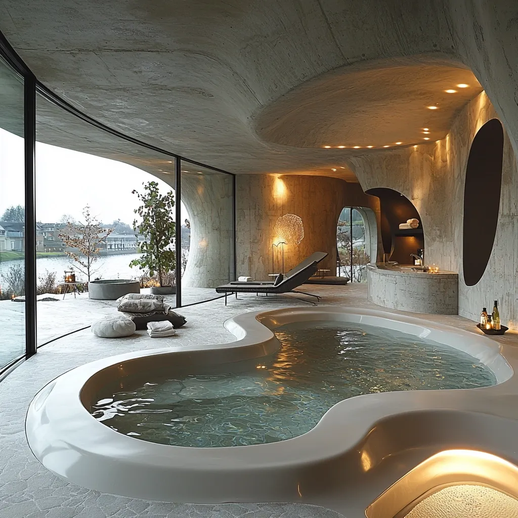 A modern spa features a unique, curved concrete design with large windows offering serene water views.  A free-form indoor hot tub dominates the space, complemented by a sleek lounge chair and soft cushions. The organic shapes and warm lighting create a tranquil and luxurious atmosphere.  The concrete walls are textured, adding to the overall artistic feel.