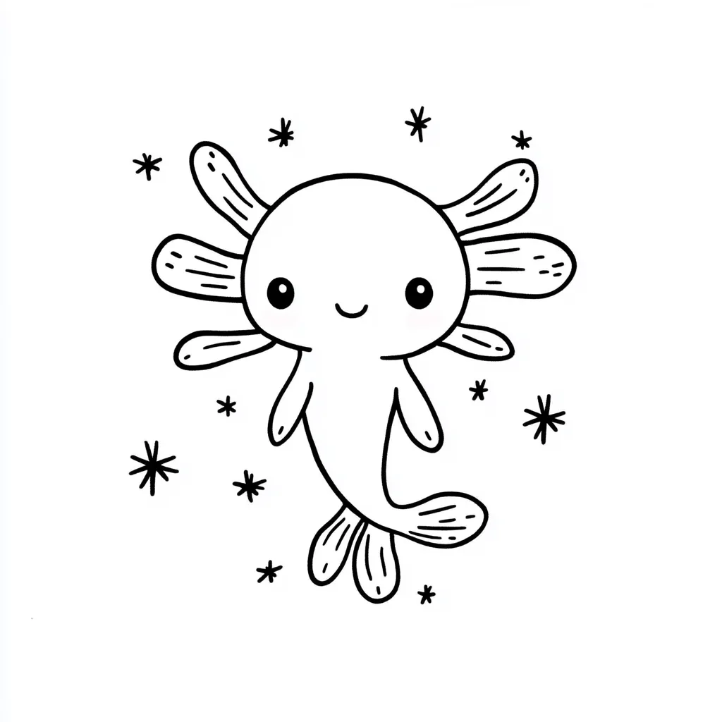A cute cartoon axolotl is depicted in a line drawing style.  It has large, expressive eyes, a small smiling mouth, and feathery gills.  Small stars surround the axolotl, adding to its whimsical charm. The illustration is simple and childlike, perfect for coloring or other creative projects.
