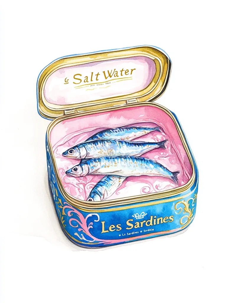 A watercolor painting depicts a partially opened tin of sardines. The tin is blue with gold detailing, labeled "Les Sardines" and "Salt Water."  Three glistening sardines rest on a pink interior. The artwork showcases a delicate balance of realism and whimsical style, highlighting the vibrant colors and intricate details of the tin and its contents.