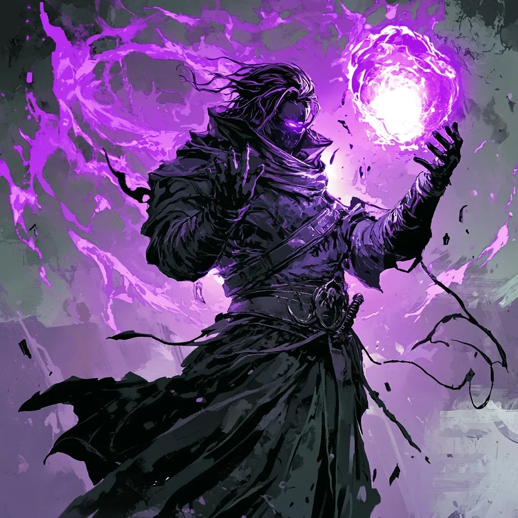 A dark-robed figure, possibly a sorcerer or mage, commands a swirling sphere of vibrant purple energy.  His long, dark hair flows around his masked face as he manipulates the potent magic.  The overall style is dramatic and painterly, with dark tones contrasting against the bright purple energy, creating a mystical and powerful image.  The background suggests a stormy or ethereal atmosphere.