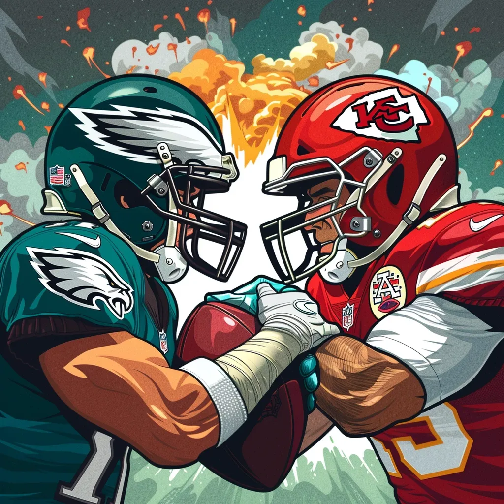 A vibrant illustration depicts a dramatic clash between two American football players.  One, in a Philadelphia Eagles jersey, faces off against a Kansas City Chiefs player.  The dynamic artwork uses bold colors and an explosive background, suggesting the intensity of the game.  The players' focused expressions and gripping hands emphasize the fierce competition. The style is reminiscent of comic book art.