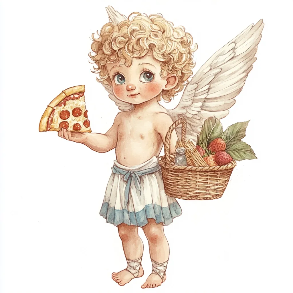 A cherubic angel, with blond curls and large eyes, holds a slice of pepperoni pizza in one hand and a wicker basket filled with strawberries and wheat in the other.  The angel wears a short, light-blue-trimmed tunic and has large, delicate wings. The illustration is done in a soft, watercolor style.