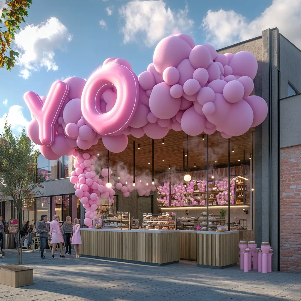 A charming bakery storefront is adorned with a whimsical display of pink balloons forming the word "YO" above the entrance.  The bakery's interior is visible through large glass windows, showcasing pastries and a warm, inviting atmosphere. Customers stroll past, adding to the lively scene on a sunny day. The overall aesthetic is light, airy, and delightfully sweet.