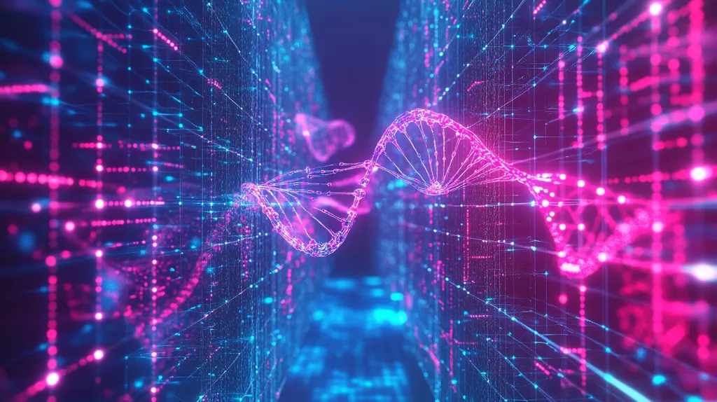 A vibrant digital rendering depicts a DNA double helix traversing a futuristic, grid-like corridor.  The helix glows in shades of pink and blue, mirroring the corridor's illuminated lines and nodes.  The image suggests a connection between genetic data and digital technology, possibly representing concepts of bioinformatics, genetic engineering, or data visualization in a biomedical context.  The overall aesthetic is sleek and otherworldly.
