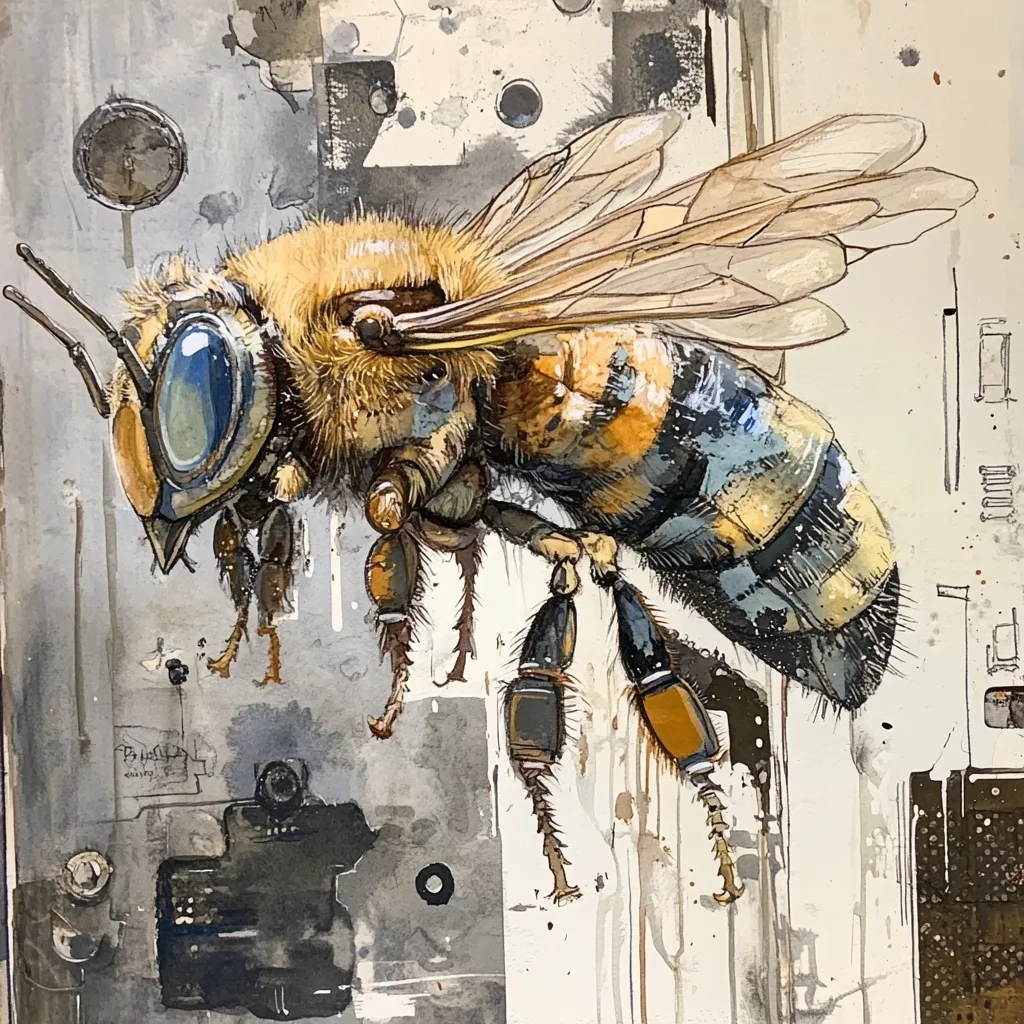 A detailed watercolor painting showcases a stylized bee, its body rendered with realistic textures and vibrant colors, contrasting against a background of abstract grey and beige shapes suggesting circuitry or technological components.  The bee's large, luminous eyes stand out, while its legs and body feature metallic elements.  The artwork blends organic and mechanical forms, creating a striking visual juxtaposition.