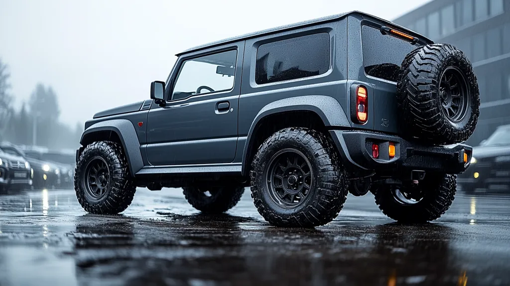 A dark gray Suzuki Jimny, modified with larger off-road tires and wheels, is parked on a rain-slicked city street.  The vehicle is clean despite the wet conditions, showing off its rugged design. The background is blurred, showcasing other cars in the distance and a modern building. The overall image emphasizes the Jimny's robust build and capability.