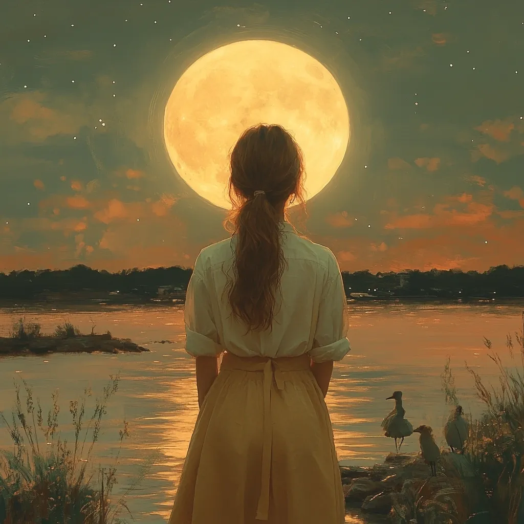 A young woman with long brown hair tied in a ponytail stands facing a serene lake at sunset.  She wears a cream-colored shirt and a mustard-yellow skirt. A large, luminous full moon dominates the night sky above the calm water.  Three birds rest on a rocky shore in the foreground.  The overall mood is peaceful and contemplative.