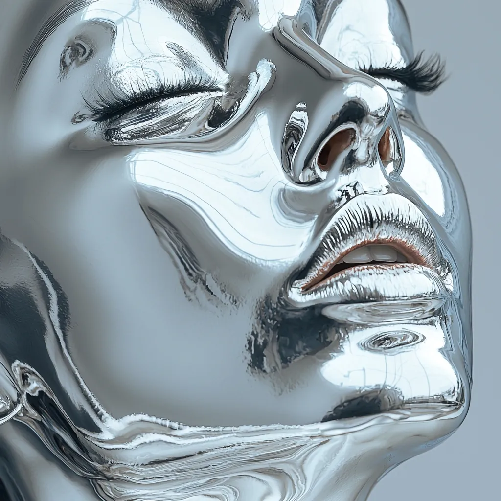 A close-up shot reveals a woman's face, seemingly sculpted from liquid silver.  Her eyes are closed, and her lips are slightly parted, creating a serene expression. The metallic surface reflects light, highlighting the smooth curves and delicate features of her face and neck. The overall effect is both futuristic and elegant.