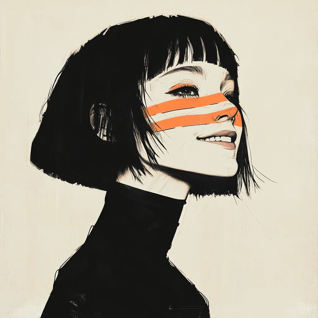 A stylized portrait of a young woman with short, dark hair.  She wears a high-necked, dark top and has two horizontal orange stripes painted across her face. Her expression is one of serene happiness, her gaze directed upward and to the right. The artistic style is minimalist, with bold lines and muted colors creating a striking image. The overall effect is one of quiet confidence and understated beauty.
