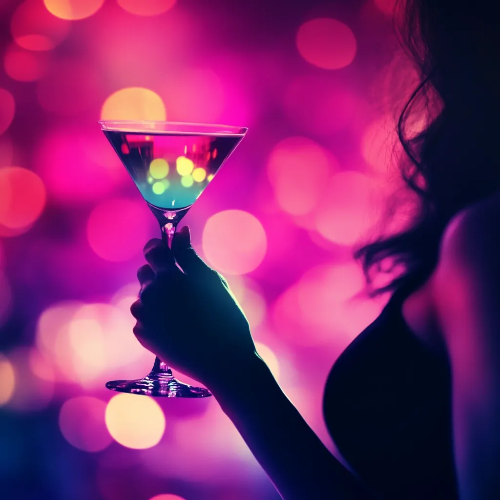 A woman's silhouetted hand holds a martini glass filled with a colorful cocktail. The backdrop is a vibrant, blurry display of pink and purple lights, suggesting a lively nightclub atmosphere.  The woman's dark hair and partially visible black top add to the mysterious and alluring mood.  The image focuses on the elegance of the moment and the ambiance of the setting.