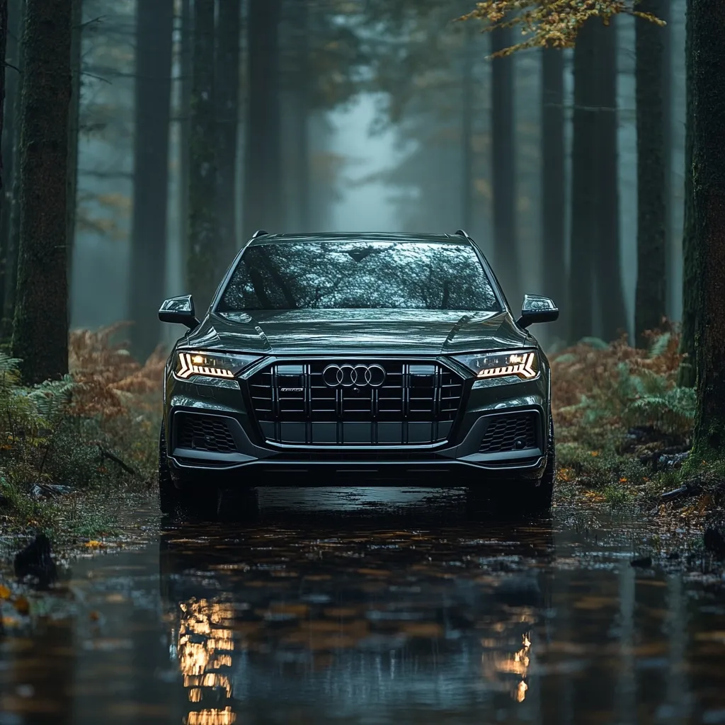A dark green Audi Q7 SUV is pictured driving through a misty forest. The vehicle is facing the camera, its headlights illuminated.  The forest's trees and undergrowth create a dark and moody atmosphere, reflected in the water on the path ahead of the car. The image conveys a sense of adventure and luxury.