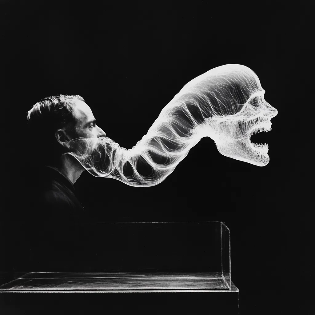 A black and white photograph depicts a man in profile facing a translucent, ethereal skull.  A wispy, swirling connection links the man's mouth to the skull's open maw. The skull and connection are bright white against the dark background.  The image is stark and surreal, suggesting a psychological or spiritual connection. A clear glass box sits below.