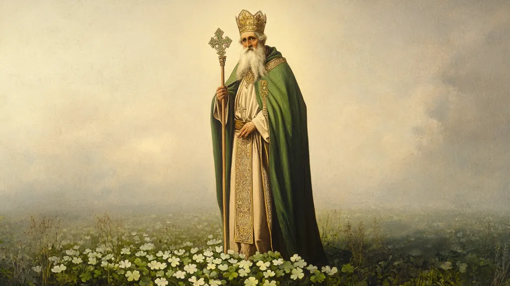 A painting depicts Saint Patrick, an elderly man with a long white beard, wearing a green cloak and ornate gold vestments, and a jeweled crown.  He holds a crosier topped with a cross. He stands in a field of white shamrocks under a hazy sky.  The overall style is realistic with soft, muted colors, evoking a sense of serenity and spirituality.