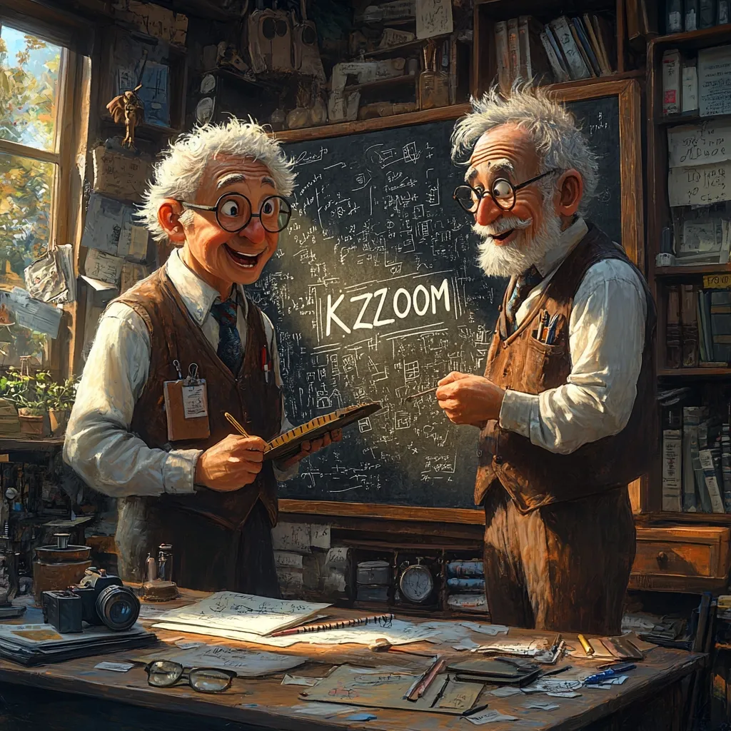Two elderly, jovial scientists, in vests and glasses, stand before a chalkboard filled with equations and the word "KZZOOм."  One holds a clipboard and pen, the other examines a circular object.  Their cluttered workshop is filled with books, instruments, and the warm light of a sunlit window. The scene suggests a moment of collaborative discovery or playful experimentation.