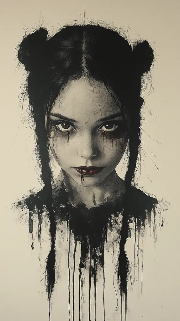 A monochromatic portrait of a young girl with dark hair styled in topknots.  Her expression is serious, almost menacing, accentuated by dark eyes and what appears to be blood or dark paint streaking her face and clothing.  The style is dramatic, with dark paint dripping downwards, adding to the overall somber and slightly unsettling mood. The piece evokes a sense of mystery and unease.