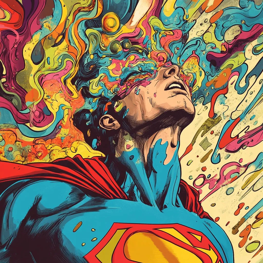 A vibrant, psychedelic artwork depicts Superman's head and shoulders, his face tilted upward.  His body is partially engulfed in a swirling vortex of multicolored, abstract paint splatters, suggesting an overwhelming sensory experience or altered state of consciousness.  The iconic Superman suit is visible, contrasting sharply with the chaotic energy surrounding him.  The overall effect is one of powerful, surreal imagery.