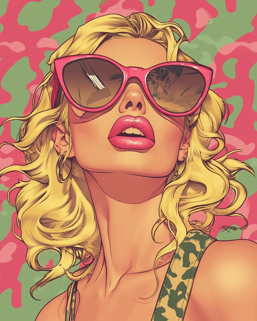 A stylized illustration of a blonde woman wearing pink cat-eye sunglasses. Her hair is voluminous and styled in soft waves. She is wearing a camouflage-patterned top.  The background features a vibrant abstract pattern in shades of pink and green. The overall style is reminiscent of pop art or comic book illustration, with bold lines and saturated colors. Her expression is confident and alluring.
