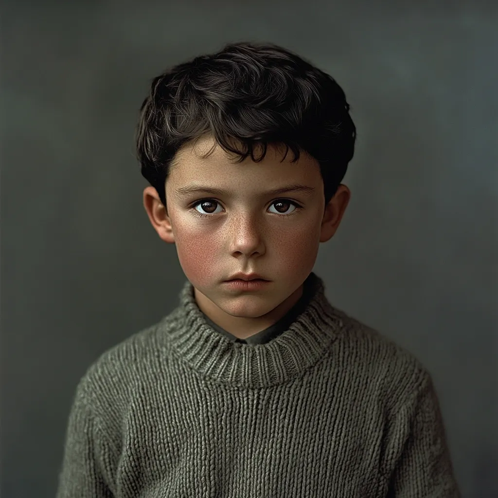 A young boy with dark hair and freckles stares directly at the camera. He's wearing a textured, olive-green sweater.  His expression is serious and intense, his dark eyes captivating. The background is a muted grey, focusing attention on the boy's features. The image is a portrait, capturing a moment of quiet contemplation.