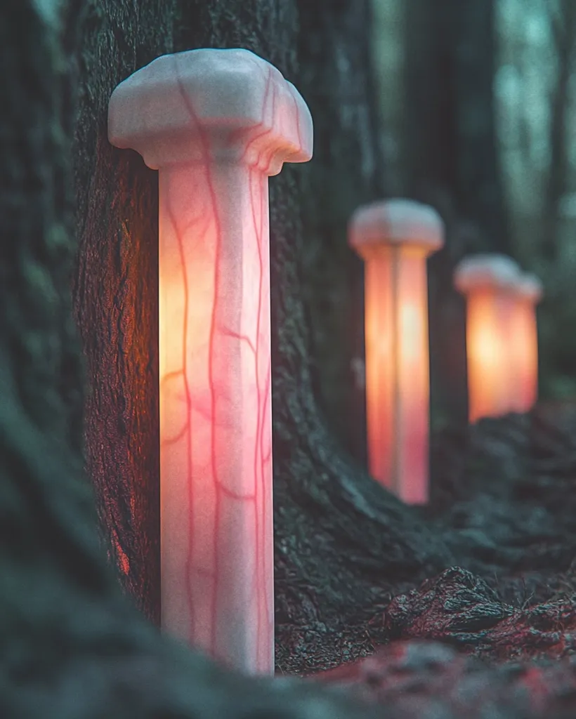 A series of glowing, organic-looking pillars resembling illuminated mushrooms stand at the base of a tree in a dark forest.  The pillars are pale pink with a network of red veins, emitting a warm inner light.  They recede into the background, creating a mystical and slightly eerie atmosphere.  The scene is rendered with a focus on texture and atmospheric lighting.