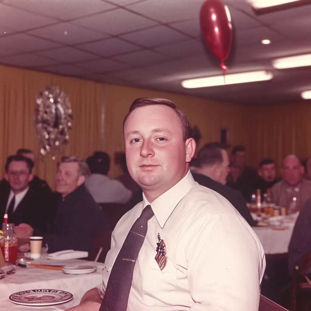 A man in a crisp white shirt and dark tie sits at a table, the focus of the photograph. He wears a small pin on his lapel.  Others are seated at tables in the background of the dimly lit room, which appears to be a banquet hall or social club.  A red balloon floats in the air above him.  The scene suggests a celebratory gathering.