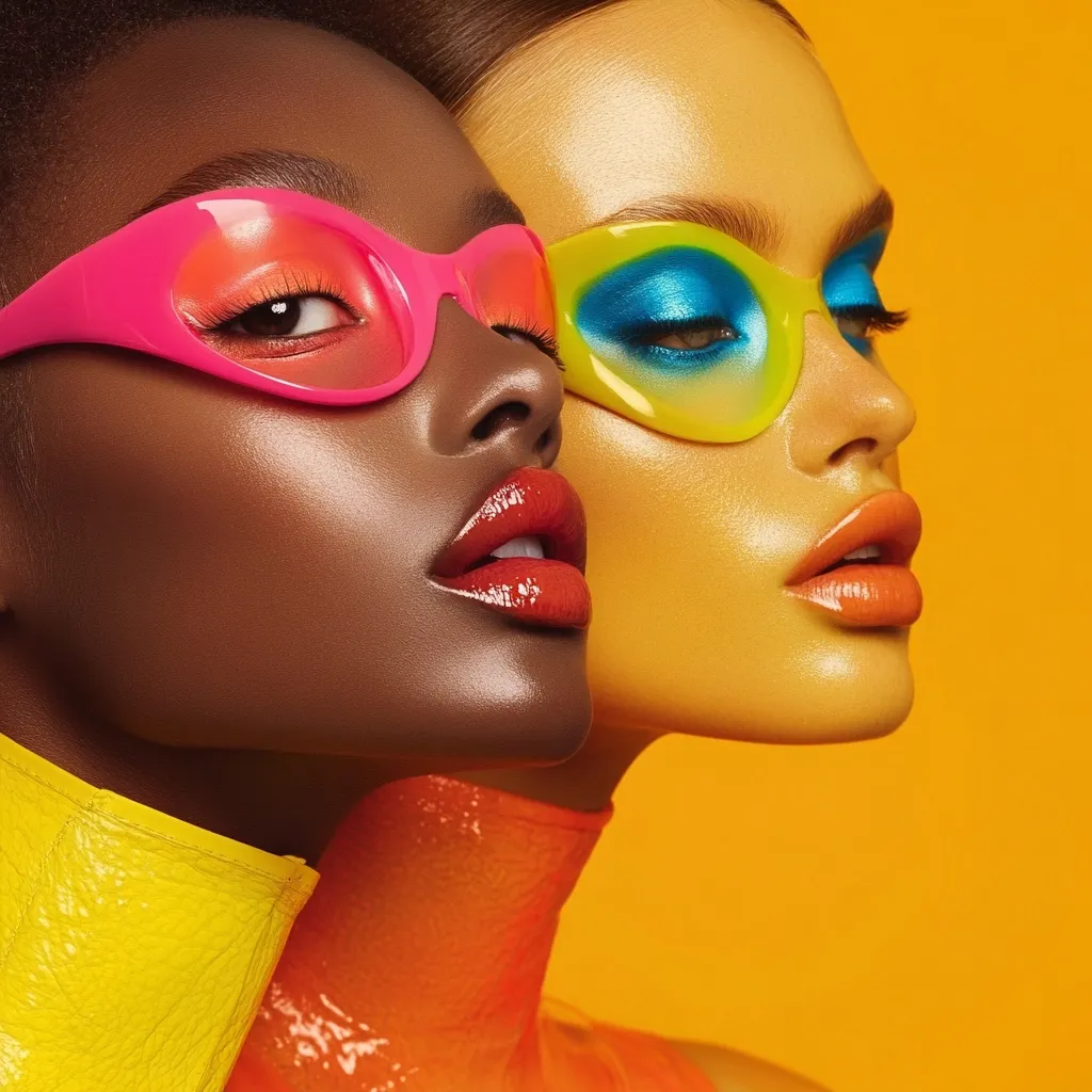 Two women with contrasting skin tones, one dark and one golden, pose closely together against a vibrant yellow backdrop.  They wear bold, colorful sunglasses; pink for the darker-skinned woman and teal and yellow for the lighter-skinned woman.  Their makeup is bright and glossy, complementing their stylish, shiny clothing in shades of orange and yellow. The overall image is vibrant and striking.