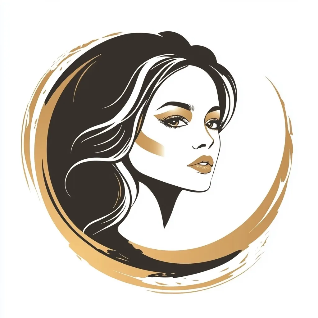 A stylized illustration of a woman's face, elegantly framed within a gold circular brushstroke.  Her dark hair cascades around her shoulders, and her makeup is subtly highlighted with gold accents. The image conveys beauty, sophistication, and a touch of luxury.  The style is minimalist and modern.