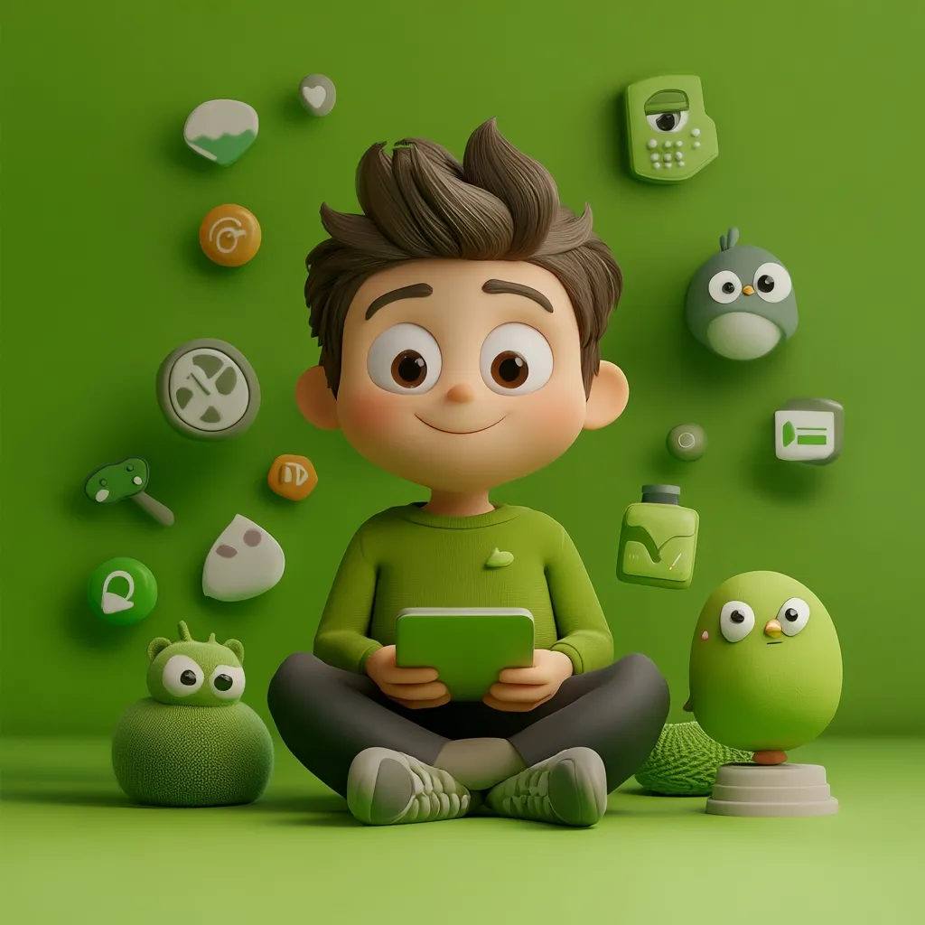 A cheerful, cartoon-style boy sits cross-legged on a green floor, holding a green tablet. He's surrounded by various green app icons and cute, 3D-rendered creatures, all in a matching color scheme.  The overall scene is playful and suggests a digital world or app interface.  The style is reminiscent of children's animation or app marketing.