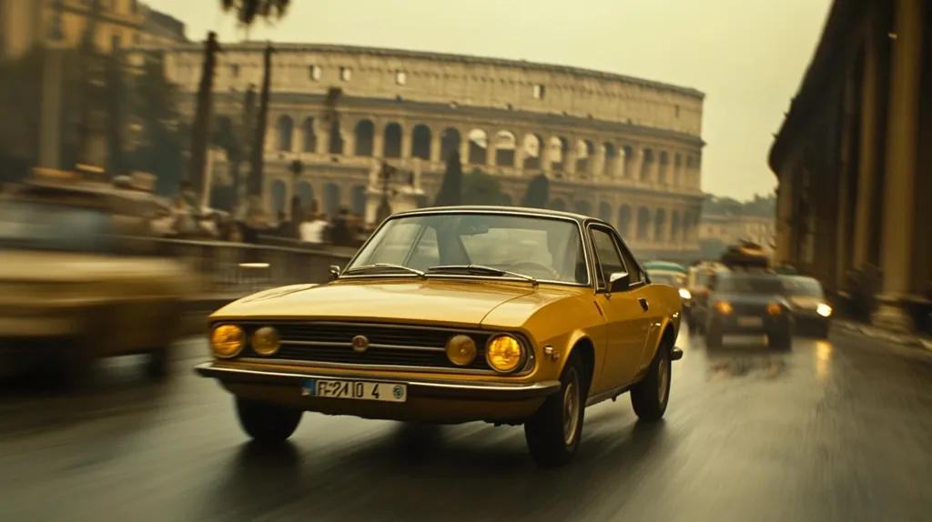 A vibrant yellow classic car speeds down a Roman street, the Colosseum looming majestically in the background.  The car, sleek and stylish, is the focal point, blurred motion suggesting a dynamic drive. Other vehicles are visible but out of focus, emphasizing the vintage beauty speeding past ancient architecture under a soft, hazy sky. The scene evokes a sense of timeless elegance and thrilling adventure.