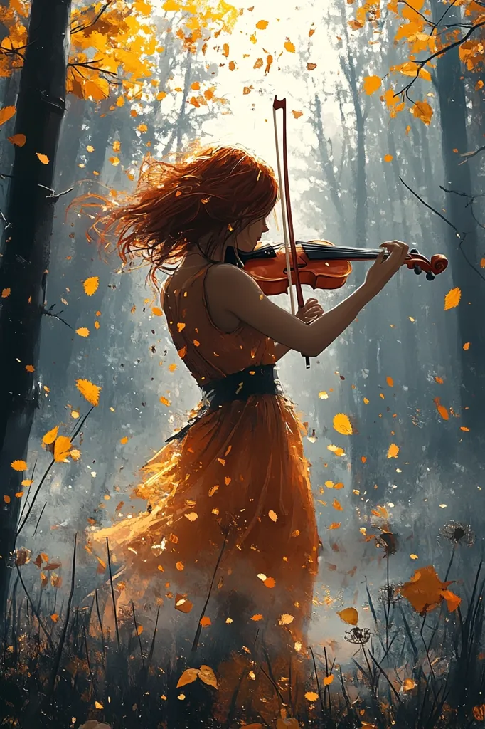 A young woman with flowing red hair, wearing an orange dress, plays a violin in a mystical autumn forest.  Falling leaves surround her, creating a magical atmosphere. The scene is painted with a dreamy, ethereal quality, emphasizing the beauty of the season and the music. The colors are warm and inviting, contrasting with the cool grey tones of the forest.