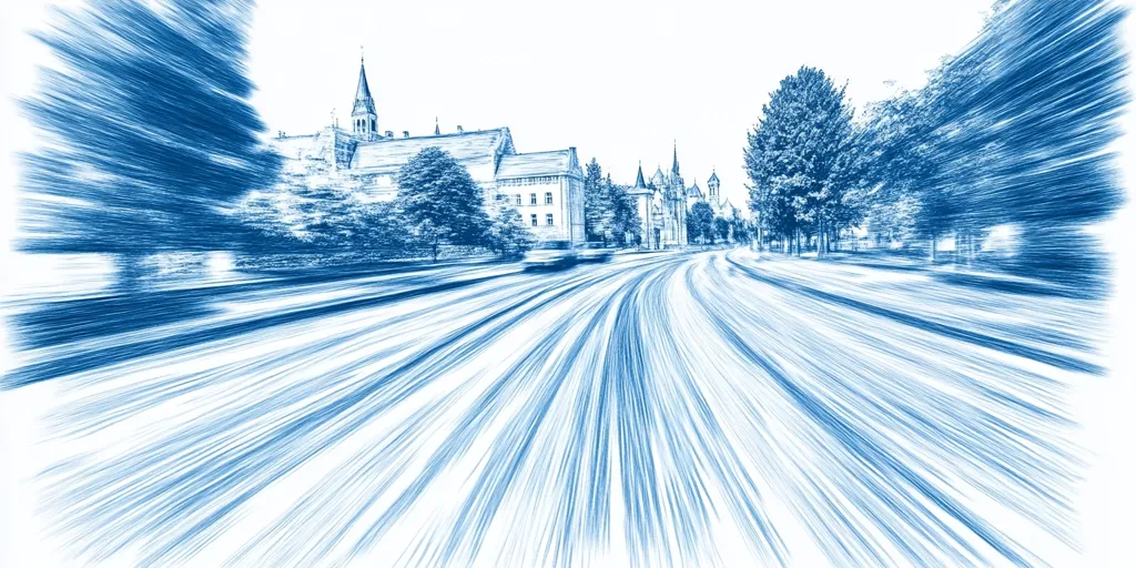 A stylized, blue-toned sketch depicts a city street scene.  The road curves gently, with the speed effect creating streaks of motion.  Buildings with spires, resembling a European architectural style, line the street, partially obscured by trees. The overall impression is one of rapid movement through a historical urban landscape.