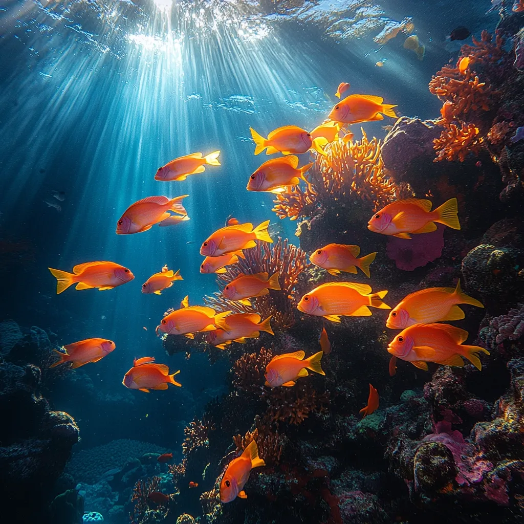 A vibrant underwater scene showcases a school of bright orange fish swimming amidst a coral reef.  Sunlight streams down from above, illuminating the fish and the colorful coral formations. The fish are various sizes, creating a dynamic and lively underwater tableau.  The image captures the beauty and biodiversity of a healthy coral reef ecosystem.